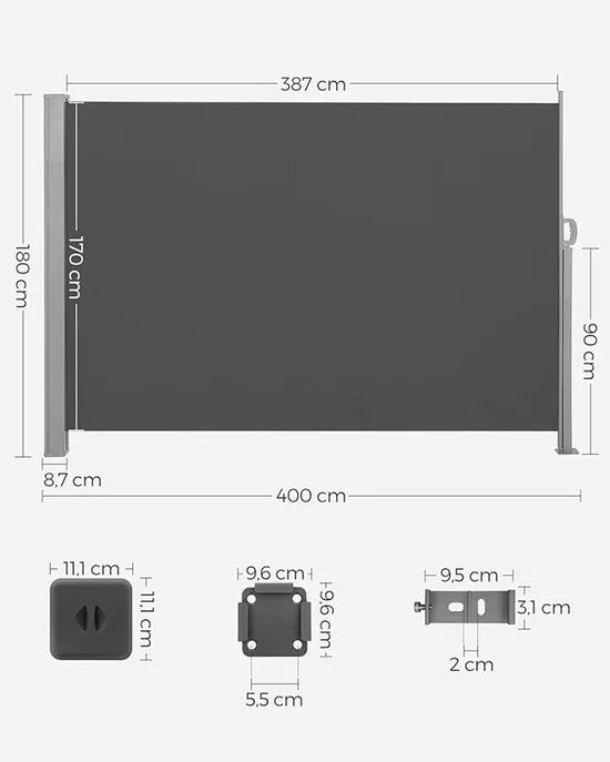 FurnStar - Zijmarkies - Windscherm - Uittrekbaar zijrolgordijn 180 x 400 cm - Zonwering - Ondoorzichtig - Balkon, terras, tuin - Antraciet
