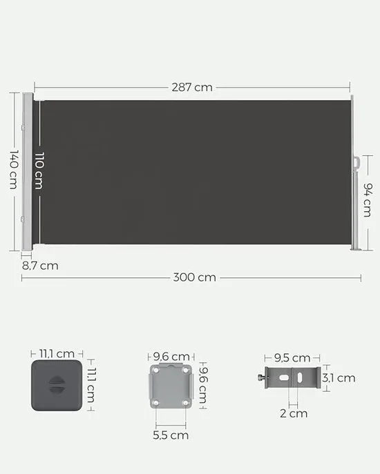 FurnStar - Zijwand - Windscherm - Uittrekbaar zijrolgordijn 140 x 300 cm - Zonwering - Ondoorzichtig - Balkon, terras, tuin - Antraciet