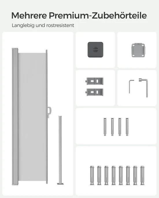 FurnStar - Zijwand - Windscherm - Uittrekbaar zijrolgordijn 160 x 350 cm - Zonwering - Ondoorzichtig - Balkon, terras, tuin - Lichtgrijs