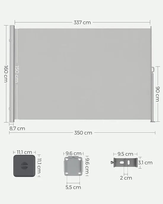 FurnStar - Zijwand - Windscherm - Uittrekbaar zijrolgordijn 160 x 350 cm - Zonwering - Ondoorzichtig - Balkon, terras, tuin - Lichtgrijs