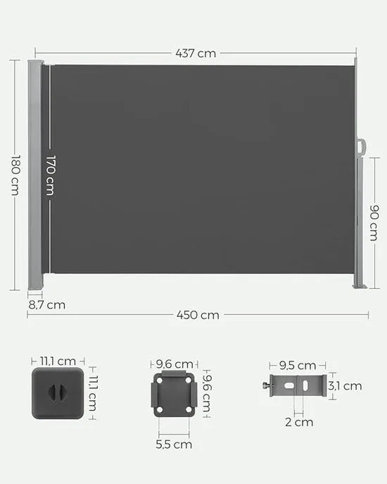 FurnStar - Zijwand - Windscherm - Uittrekbaar zijrolgordijn 180 x 450 cm - Zonwering - Ondoorzichtig - Balkon, terras, tuin - Antraciet