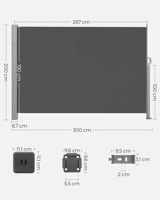 FurnStar - Zijwand - Windscherm - Uittrekbaar zijrolgordijn 200 x 300 cm - Zonwering - Ondoorzichtig - Balkon, terras, tuin - Antraciet