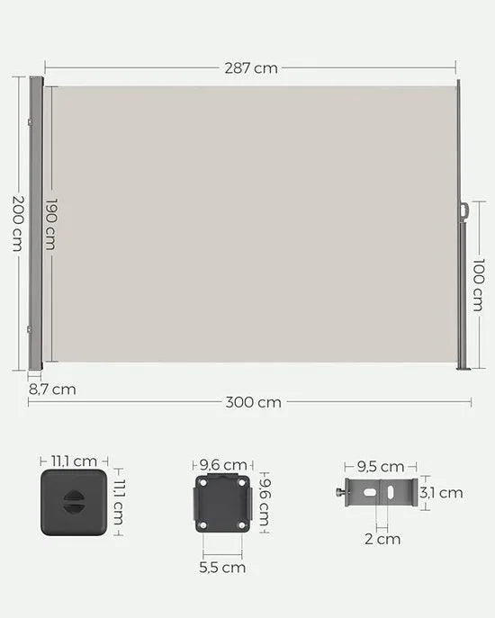 FurnStar - Zijwand - Windscherm - Uittrekbaar zijrolgordijn 200 x 300 cm - Zonwering - Ondoorzichtig - Balkon, terras, tuin - Beige
