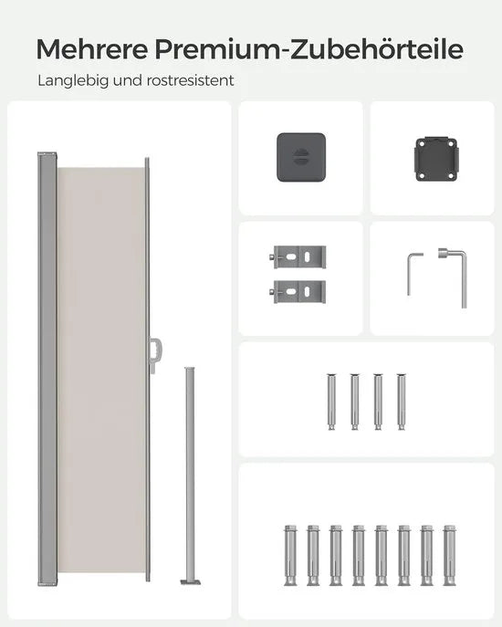 FurnStar - Zijwand - Windscherm - Uittrekbaar zijrolgordijn 200 x 350 cm - Zonwering - Ondoorzichtig - Balkon, terras, tuin - Beige