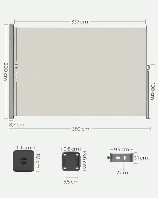 FurnStar - Zijwand - Windscherm - Uittrekbaar zijrolgordijn 200 x 350 cm - Zonwering - Ondoorzichtig - Balkon, terras, tuin - Beige