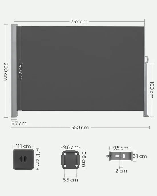 FurnStar - Zijwand - Windscherm - Uittrekbaar zijrolgordijn 200 x 350 cm - Zonwering - Ondoorzichtig - Balkon, terras, tuin - Antraciet