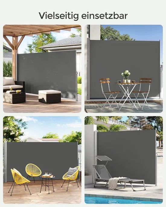 FurnStar - Zijwand - Windscherm - Uittrekbaar zijrolgordijn 160 x 350 cm - Zonwering - Ondoorzichtig - Balkon, terras, tuin - Lichtgrijs – Antraciet 200 x 400cm