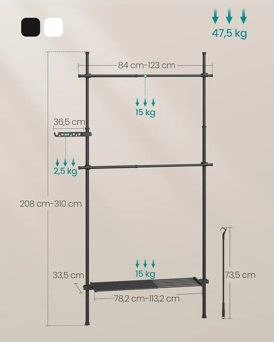 FurnStrar - Kledingrek - Kledingrek aan het plafond - 3-traps kledingkast - in hoogte en breedte verstelbaar - open kledingkast met uitneembare plank - kledingkast - grijparm - mat zwart