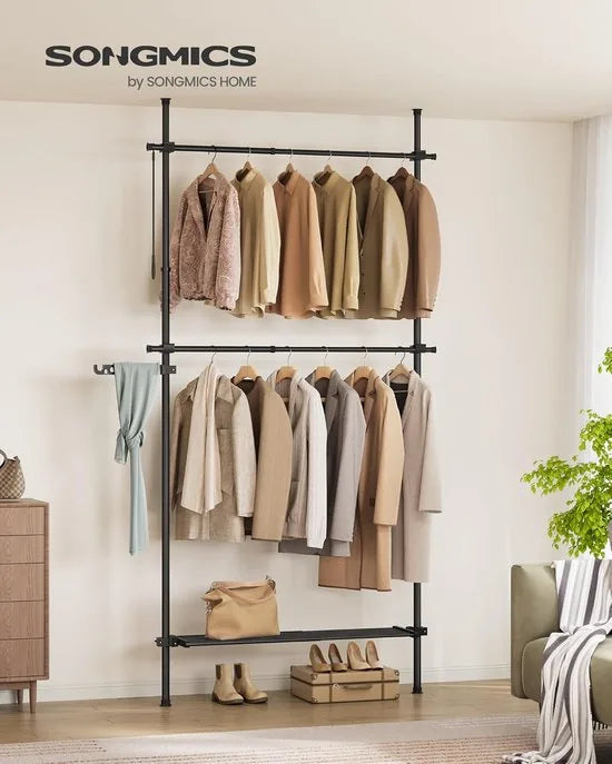 FurnStrar - Kledingrek - Kledingrek aan het plafond - 3-traps kledingkast - in hoogte en breedte verstelbaar - open kledingkast met uitneembare plank - kledingkast - grijparm - mat zwart