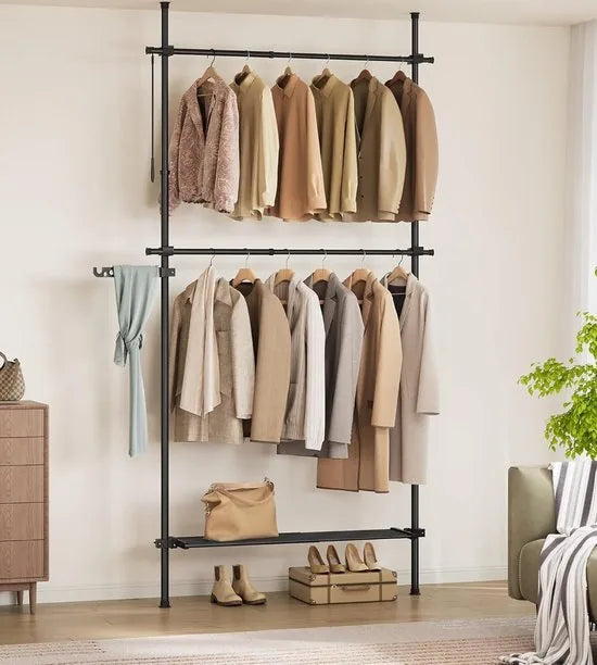 FurnStrar - Kledingrek - Kledingrek aan het plafond - 3-traps kledingkast - in hoogte en breedte verstelbaar - open kledingkast met uitneembare plank - kledingkast - grijparm - mat zwart