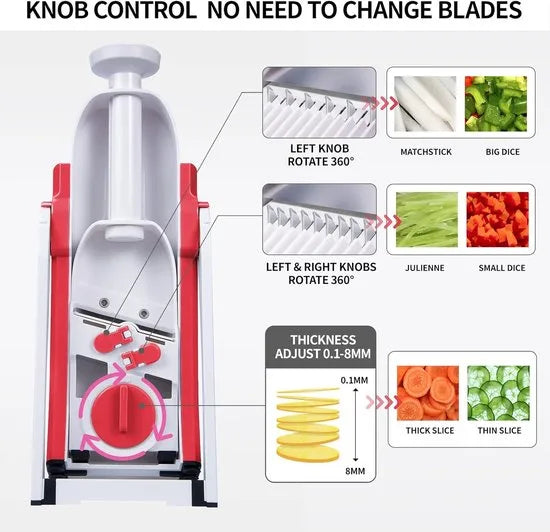Groentesnijder, voor eens en altijd Verstelbare Groentesnijder Genius Mandoline Groentesnijder Aardappelsnijder Uiensnijder (Rood)