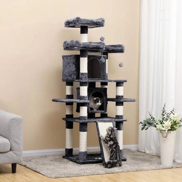 grote krabpaal, krabpaal met 3 comfortabele uitkijkplatforms, kattenspeelgoed met 2 knuffelholen, dikke sisalpalen, extra krabplank, stal, 172 cm, rookgrijs PCT18GYZ