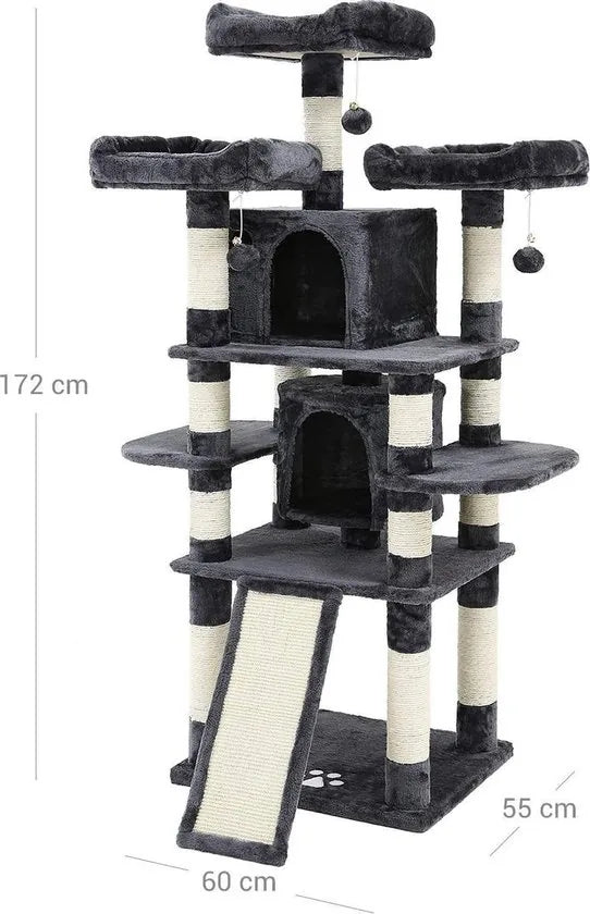 grote krabpaal, krabpaal met 3 comfortabele uitkijkplatforms, kattenspeelgoed met 2 knuffelholen, dikke sisalpalen, extra krabplank, stal, 172 cm, rookgrijs PCT18GYZ
