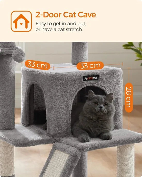 Grote Krabpaal voor meerdere Katten, Kat Condo met Hangmat, Kattenpaal, 96 cm, lichtgrijs