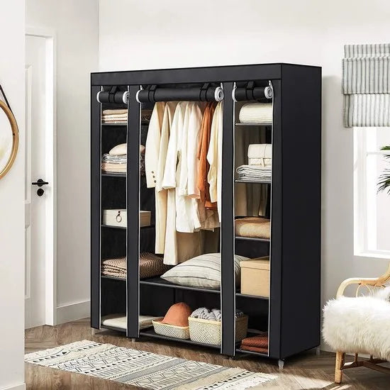 Grote XXL kleerkast, stoffen kast, vouwkast met kledingroede 175 x 150 x 45 cm DRIE roldeuren (zwart) LSF03H