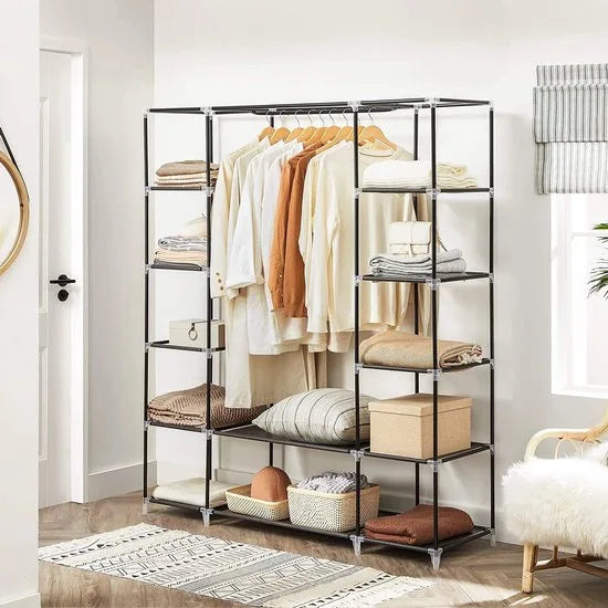 Grote XXL kleerkast, stoffen kast, vouwkast met kledingroede 175 x 150 x 45 cm DRIE roldeuren (zwart) LSF03H