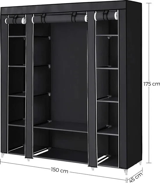 Grote XXL kleerkast, stoffen kast, vouwkast met kledingroede 175 x 150 x 45 cm DRIE roldeuren (zwart) LSF03H