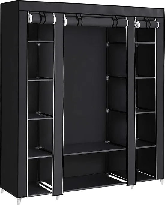 Grote XXL kleerkast, stoffen kast, vouwkast met kledingroede 175 x 150 x 45 cm DRIE roldeuren (zwart) LSF03H