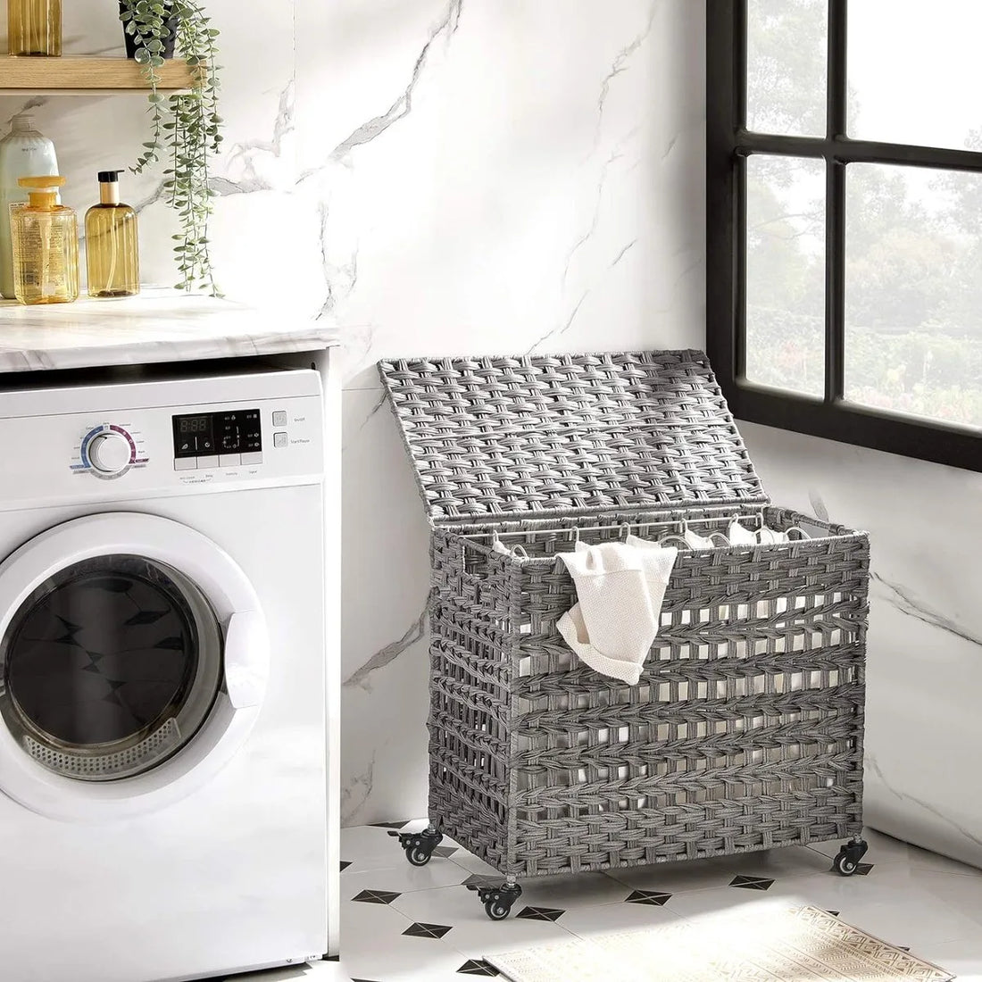 Handgeweven Polyrattan Wasmand met 3 Compartimenten - Grijs - LCB083G02