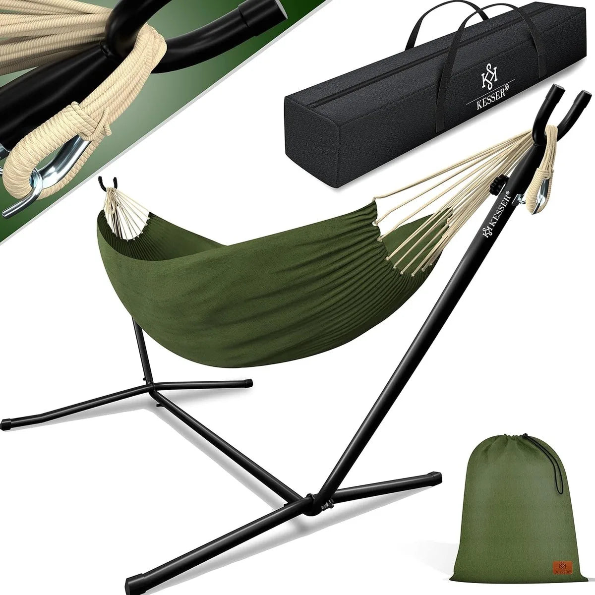 Hangmat - Hangmat met Standaard - dubbele hangmat voor 2 personen - stabiel frame - 200 kg draagvermogen binnen en buiten XXL tuin - vor zwembad - balkon - terras - khaki kleur