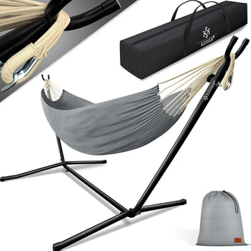 Hangmat - Hangmat met Standaard - dubbele hangmat voor 2 personen - stabiel frame - 200 kg draagvermogen binnen en buiten XXL tuin - vor zwembad - balkon - terras - Grijs kleur