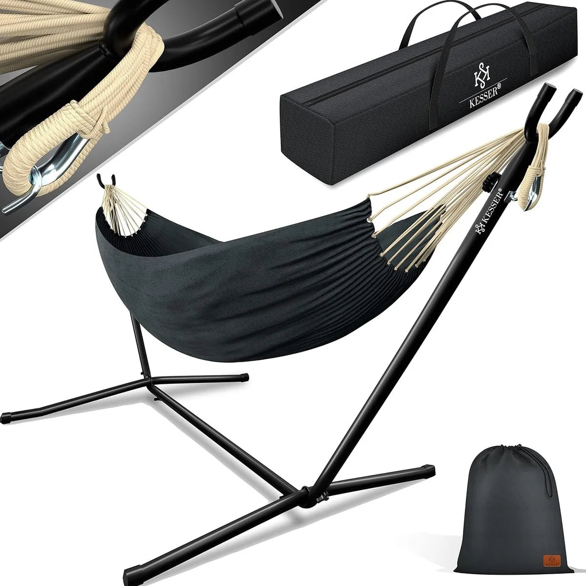 Hangmat - Hangmat met Standaard - dubbele hangmat voor 2 personen - stabiel frame - 200 kg draagvermogen binnen en buiten XXL tuin - vor zwembad - balkon - terras - Grijs kleur – Antraciet