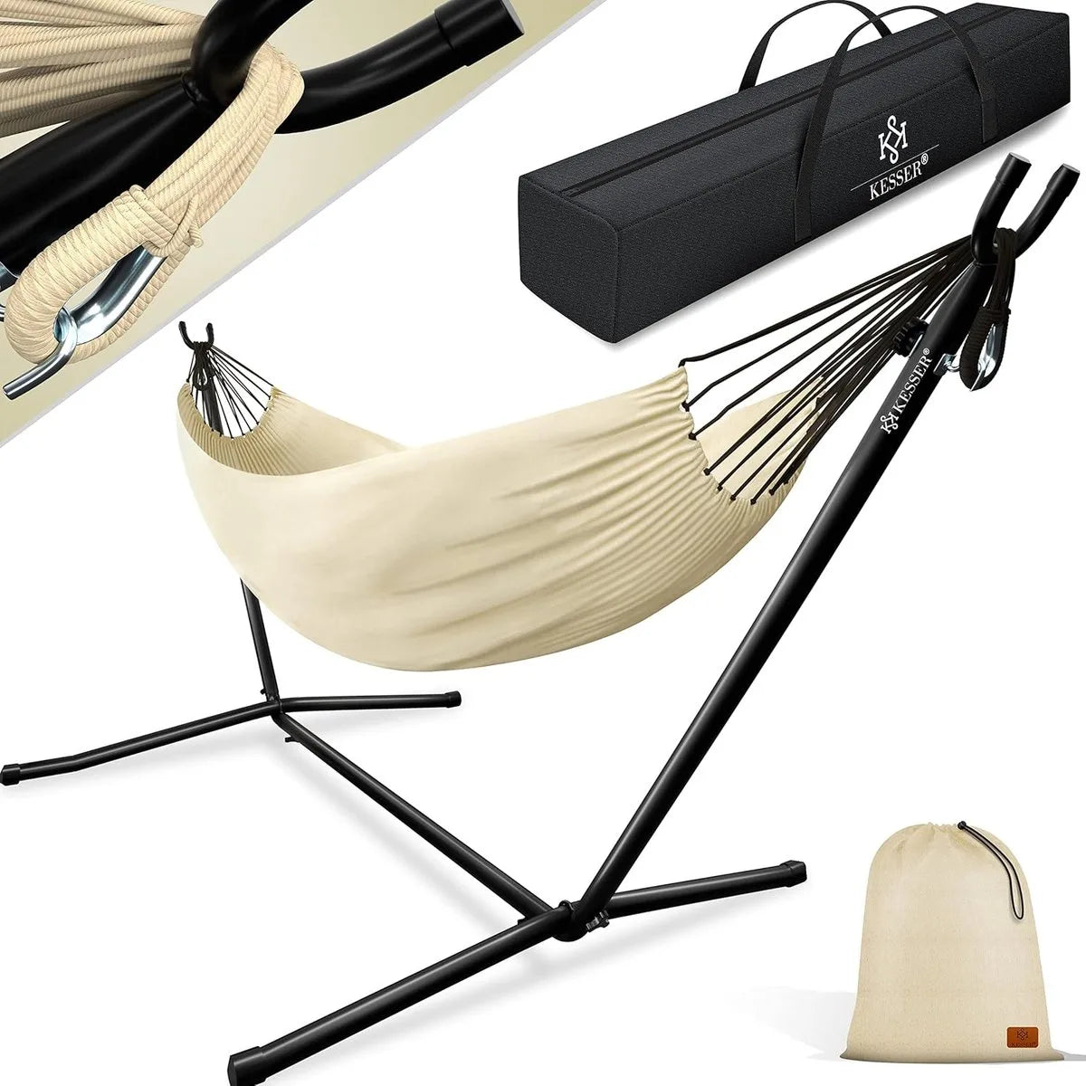 Hangmat - Hangmat met Standaard - dubbele hangmat voor 2 personen - stabiel frame - 200 kg draagvermogen binnen en buiten XXL tuin - vor zwembad - balkon - terras - Grijs kleur – Beige