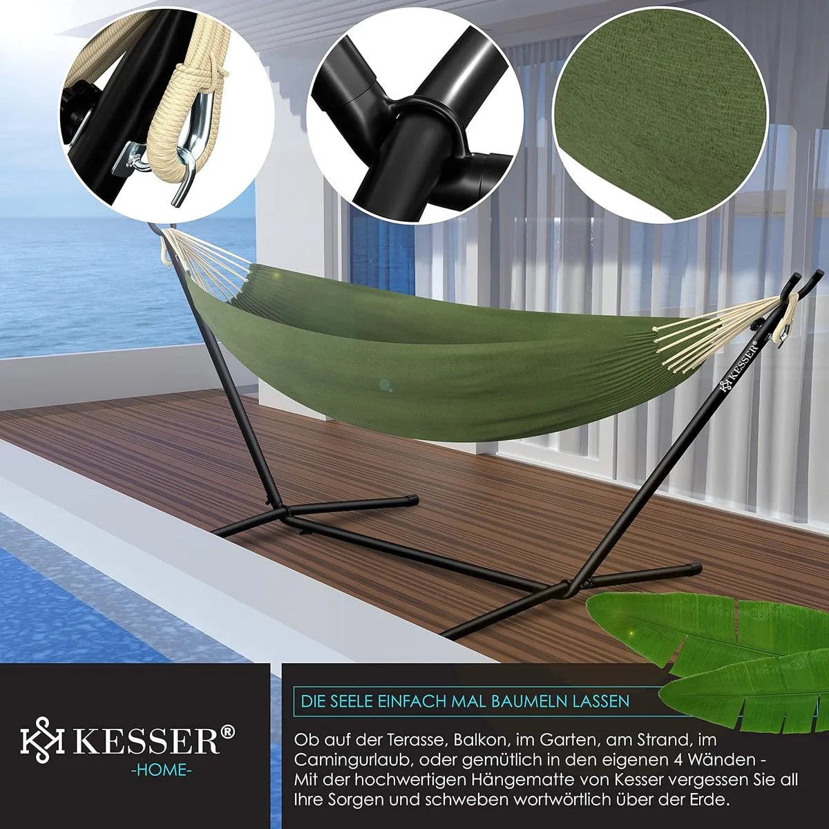 Hangmat - Hangmat met Standaard - dubbele hangmat voor 2 personen - stabiel frame - 200 kg draagvermogen binnen en buiten XXL tuin - vor zwembad - balkon - terras - Grijs kleur – Khaki