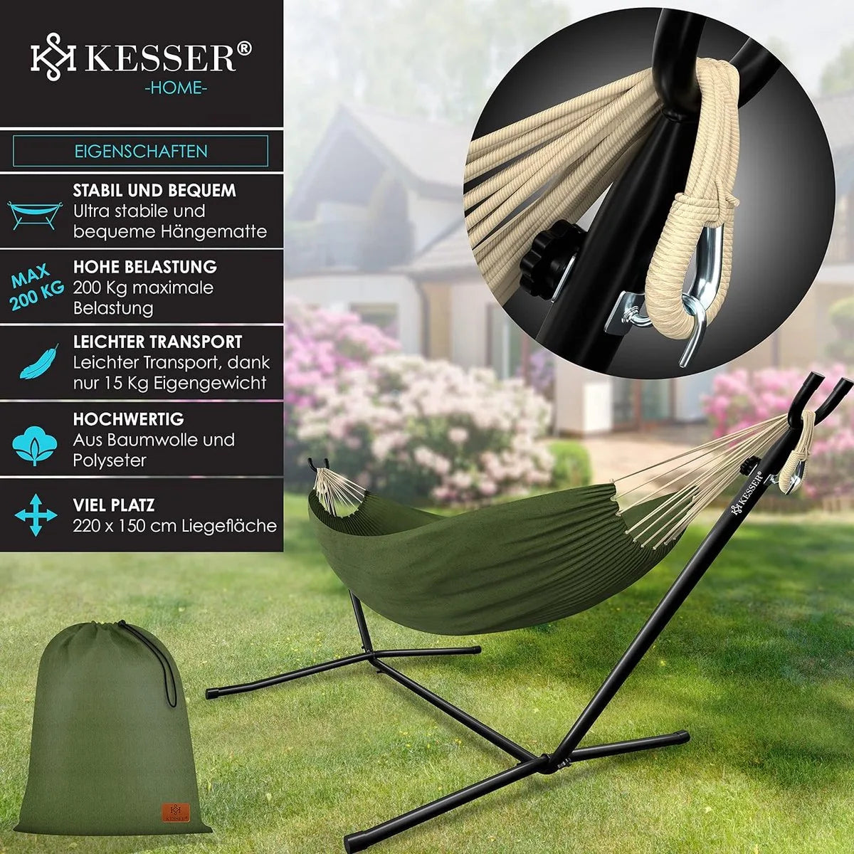 Hangmat - Hangmat met Standaard - dubbele hangmat voor 2 personen - stabiel frame - 200 kg draagvermogen binnen en buiten XXL tuin - vor zwembad - balkon - terras - khaki kleur
