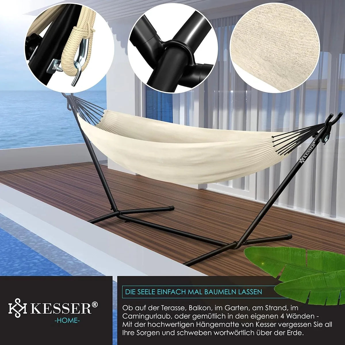 Hangmat - Hangmat met Standaard - dubbele hangmat voor 2 personen - stabiel frame - 200 kg draagvermogen binnen en buiten XXL tuin - vor zwembad - balkon - terras - Grijs kleur – Beige