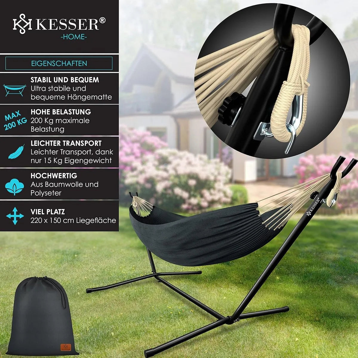 Hangmat - Hangmat met Standaard - dubbele hangmat voor 2 personen - stabiel frame - 200 kg draagvermogen binnen en buiten XXL tuin - vor zwembad - balkon - terras - Antraciet kleur