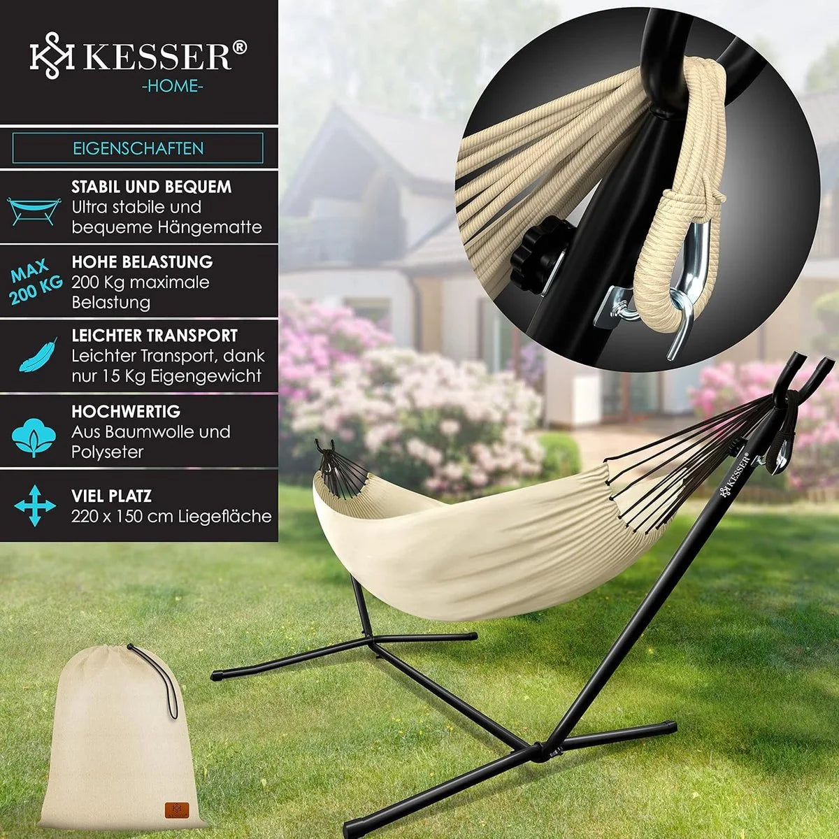 Hangmat - Hangmat met Standaard - dubbele hangmat voor 2 personen - stabiel frame - 200 kg draagvermogen binnen en buiten XXL tuin - vor zwembad - balkon - terras - Beige kleur