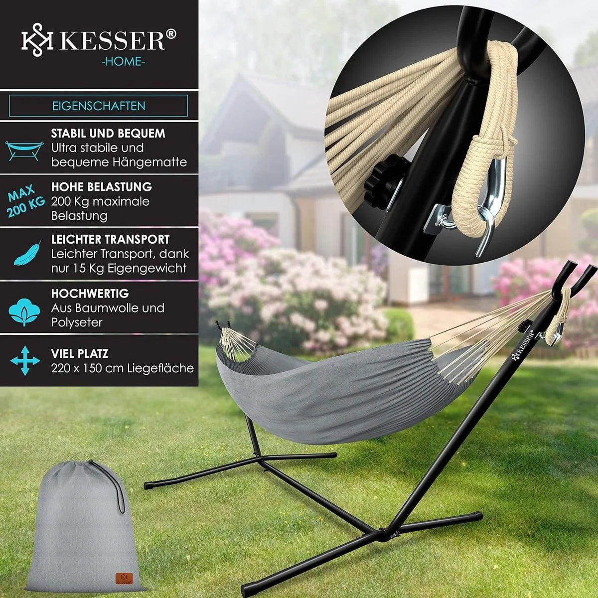 Hangmat - Hangmat met Standaard - dubbele hangmat voor 2 personen - stabiel frame - 200 kg draagvermogen binnen en buiten XXL tuin - vor zwembad - balkon - terras - Grijs kleur