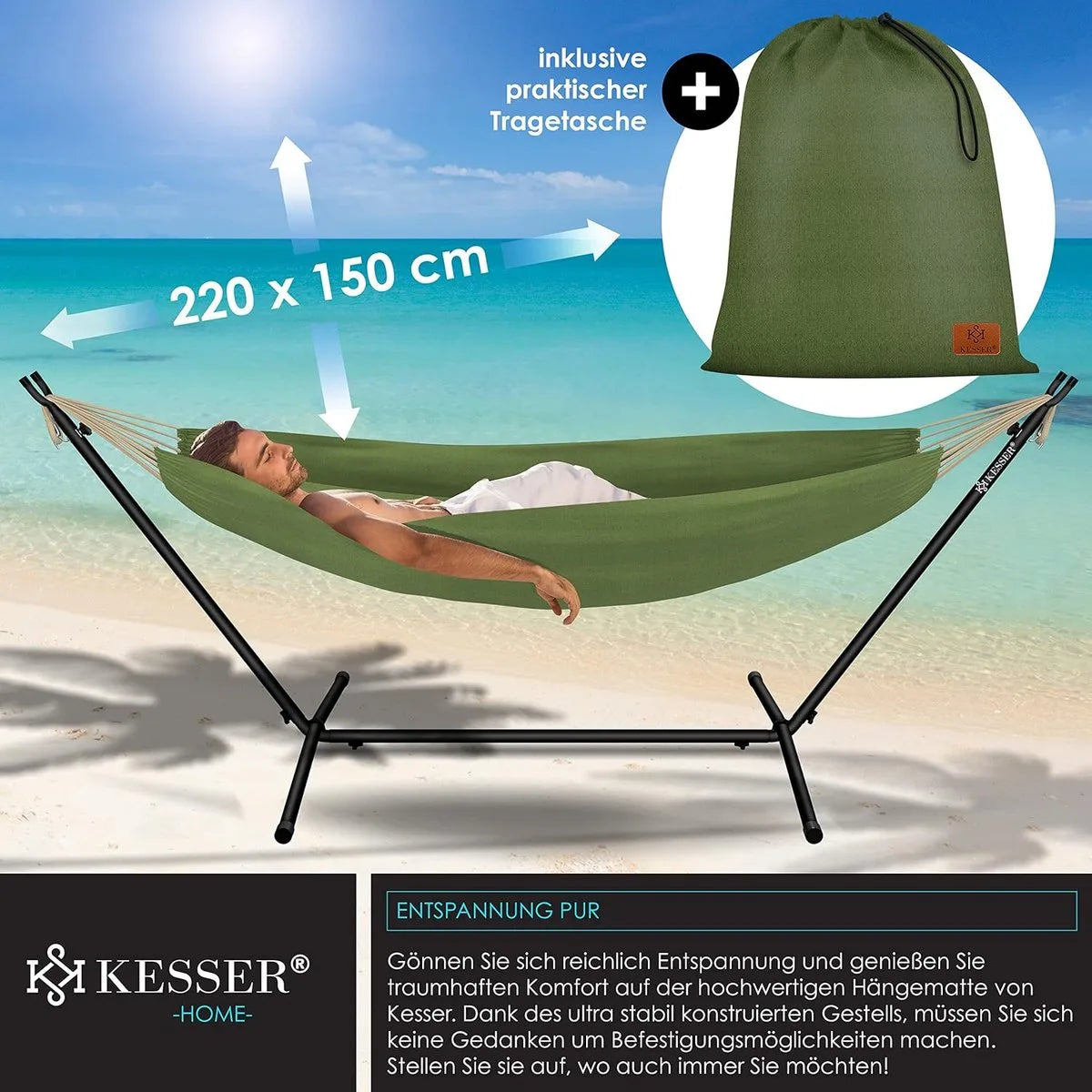 Hangmat - Hangmat met Standaard - dubbele hangmat voor 2 personen - stabiel frame - 200 kg draagvermogen binnen en buiten XXL tuin - vor zwembad - balkon - terras - khaki kleur