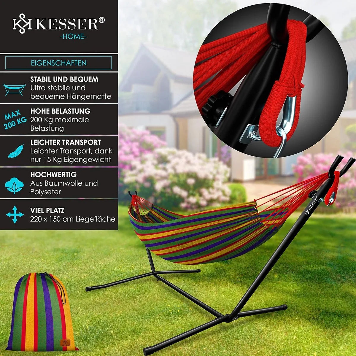 Hangmat - Hangmat met Standaard - dubbele hangmat voor 2 personen - stabiel frame - 200 kg draagvermogen binnen en buiten XXL tuin - vor zwembad - balkon - terras - Grijs kleur – Kleurrijk
