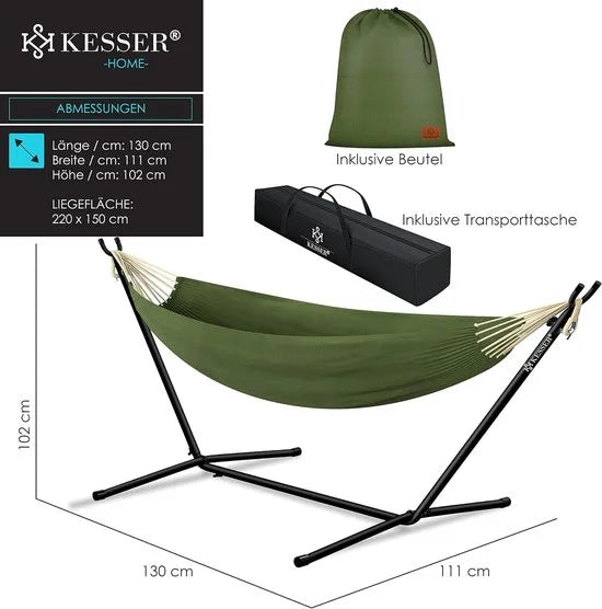Hangmat - Hangmat met Standaard - dubbele hangmat voor 2 personen - stabiel frame - 200 kg draagvermogen binnen en buiten XXL tuin - vor zwembad - balkon - terras - khaki kleur