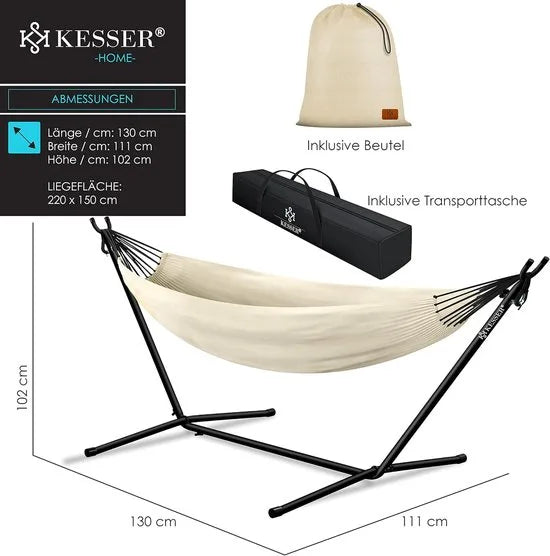 Hangmat - Hangmat met Standaard - dubbele hangmat voor 2 personen - stabiel frame - 200 kg draagvermogen binnen en buiten XXL tuin - vor zwembad - balkon - terras - Beige kleur