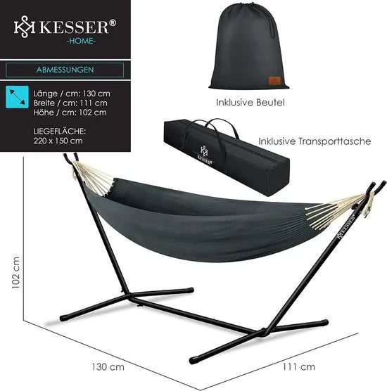 Hangmat - Hangmat met Standaard - dubbele hangmat voor 2 personen - stabiel frame - 200 kg draagvermogen binnen en buiten XXL tuin - vor zwembad - balkon - terras - Antraciet kleur