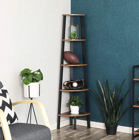 hoeklegbord, boekenkast met 5 legborden in industriële uitvoering, ladderrek met metalen frame, voor woonkamer, kantoor, vintage, donkerbruine LLS35X – Model 1