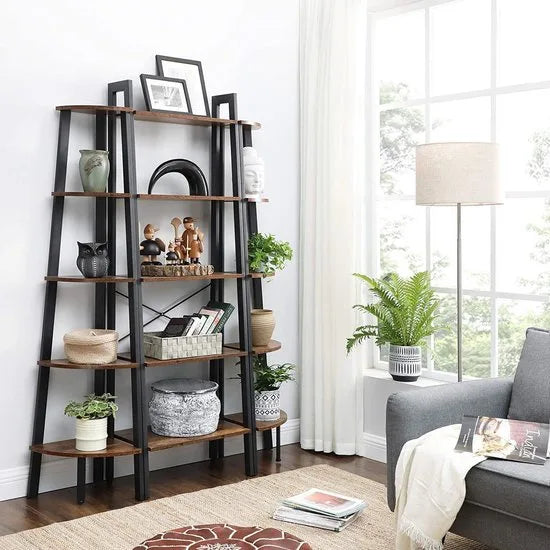 hoeklegbord, boekenkast met 5 legborden in industriële uitvoering, ladderrek met metalen frame, voor woonkamer, kantoor, vintage, donkerbruine LLS35X – Model 1
