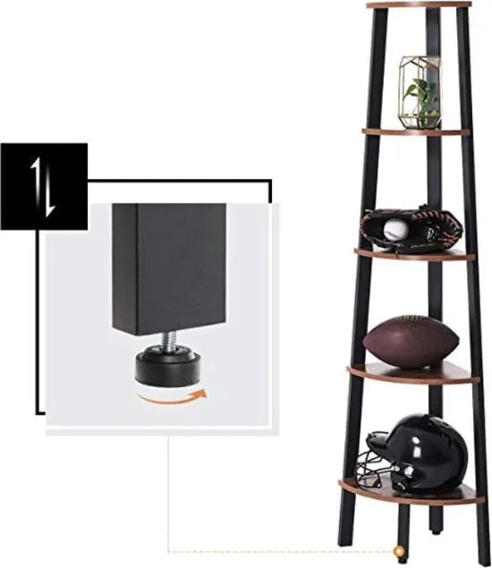 hoeklegbord, boekenkast met 5 legborden in industriële uitvoering, ladderrek met metalen frame, voor woonkamer, kantoor, vintage, donkerbruine LLS35X – Model 1