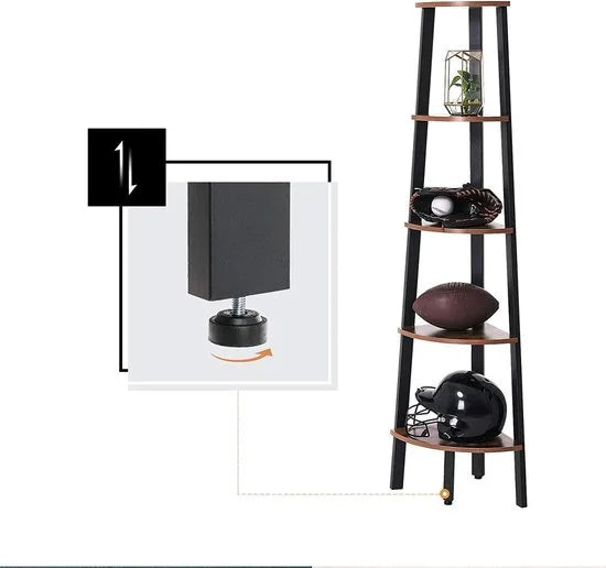 hoeklegbord, boekenkast met 5 legborden in industriële uitvoering, ladderrek met metalen frame, voor woonkamer, kantoor, vintage, donkerbruine LLS35X – Model 1