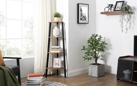 hoeklegbord, boekenkast met 5 legborden in industriële uitvoering, ladderrek met metalen frame, voor woonkamer, kantoor, vintage, donkerbruine LLS35X