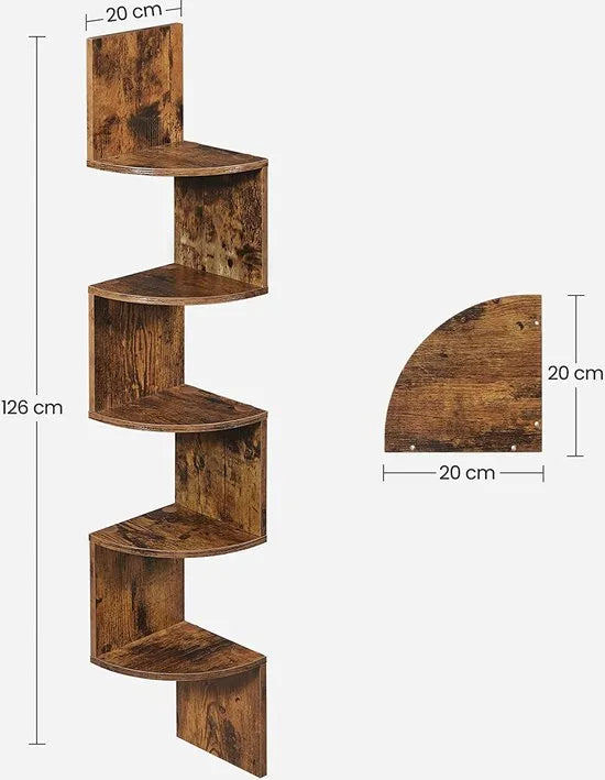 hoekplank, wandplank met 5 planken, zwevende plank, voor keuken, slaapkamer, woonkamer, studeerkamer, kantoor, donkerbruin LBC20BX