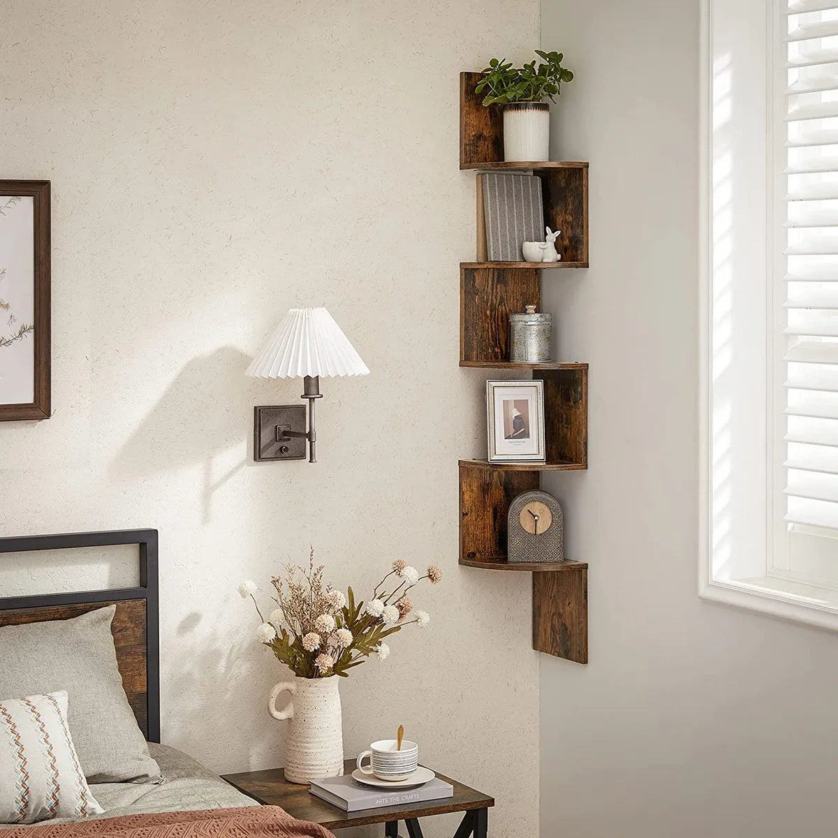 hoekplank, wandplank met 5 planken, zwevende plank, voor keuken, slaapkamer, woonkamer, studeerkamer, kantoor, donkerbruin LBC20BX