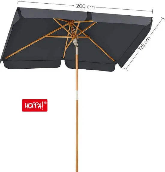 Hoppa! Balkonparasol, 200 x 125 cm, rechthoekige balkonparasol, bescherming tegen de zon tot UPF 50+, parasolstok, houten parasol baleinen, buigbaar, zonder standaard, tuin, buiten, grijs