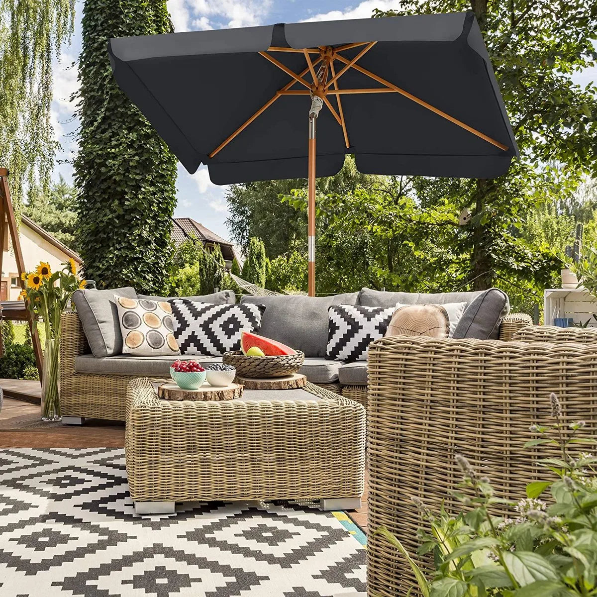 Hoppa! Balkonparasol, 200 x 125 cm, rechthoekige balkonparasol, bescherming tegen de zon tot UPF 50+, parasolstok, houten parasol baleinen, buigbaar, zonder standaard, tuin, buiten, grijs