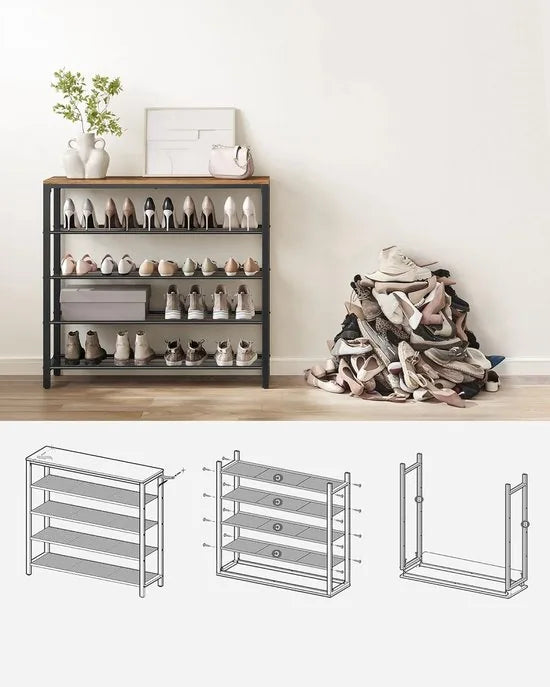 Hoppa! Vintage Metalen Schoenenrek 4 Lagen Bruin - Bruin - Metaal - 100 x 30 x 92,5 cm