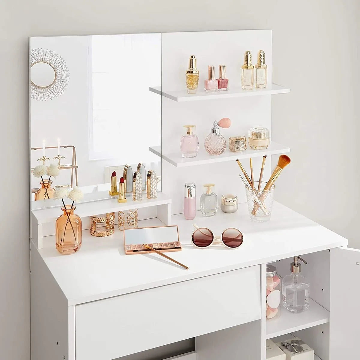 Kaptafel, make up tafel met spiegel en opbergvak, 1 lade, 2 legplanken, wit