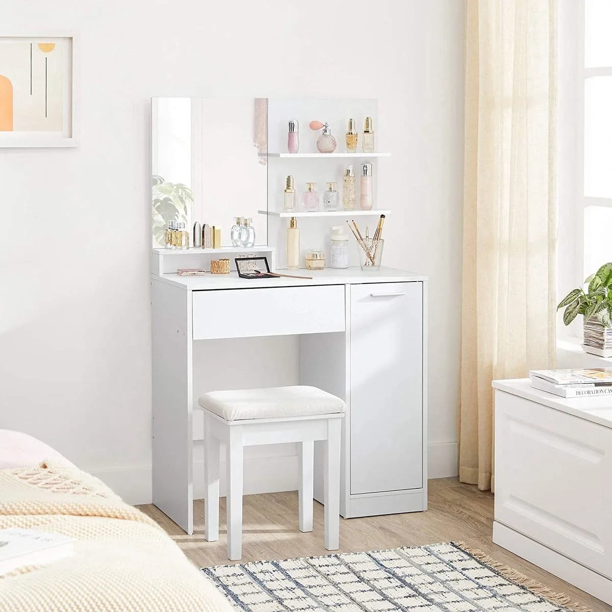 Kaptafel, make up tafel met spiegel en opbergvak, 1 lade, 2 legplanken, wit